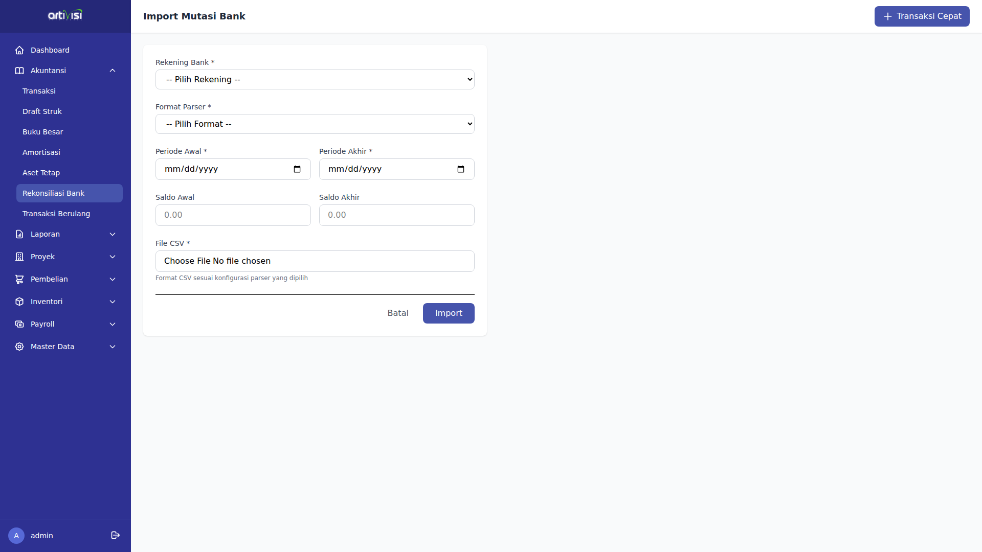 Form Import Mutasi Bank