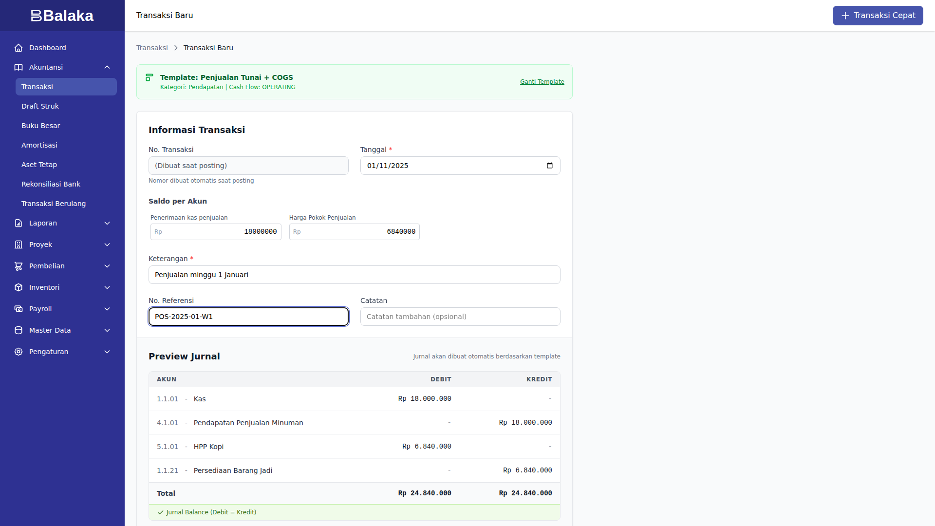 Form penjualan tunai dengan COGS
