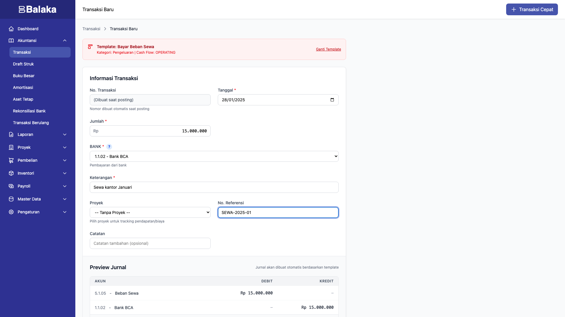 Form transaksi Bayar Beban Sewa