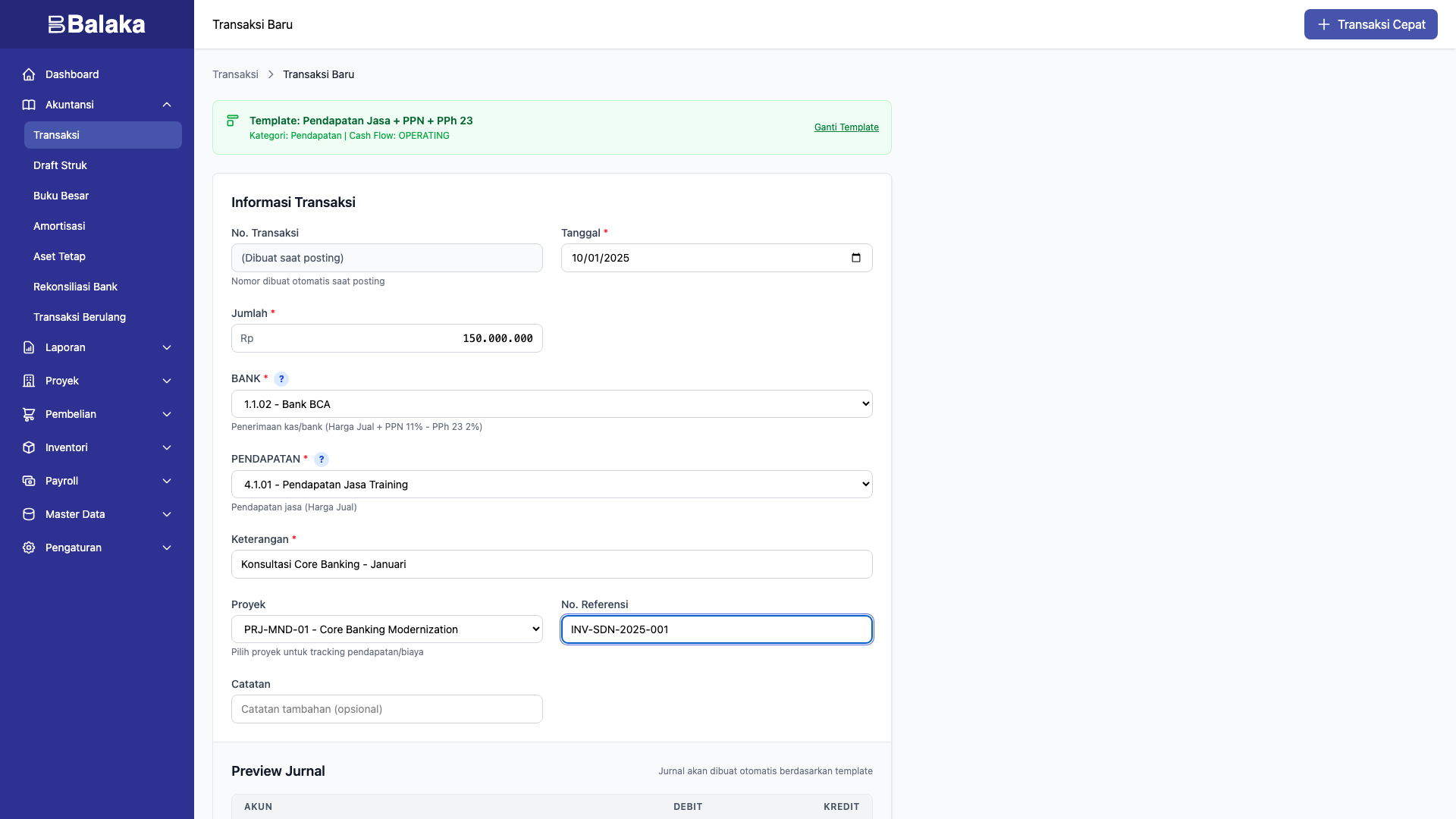 Form pendapatan jasa dengan PPN dan PPh 23