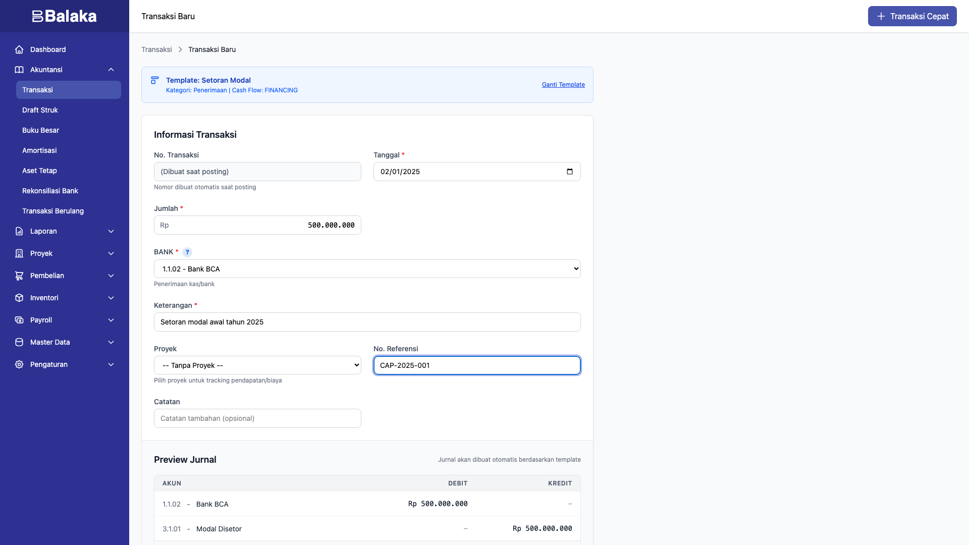 Form transaksi setoran modal