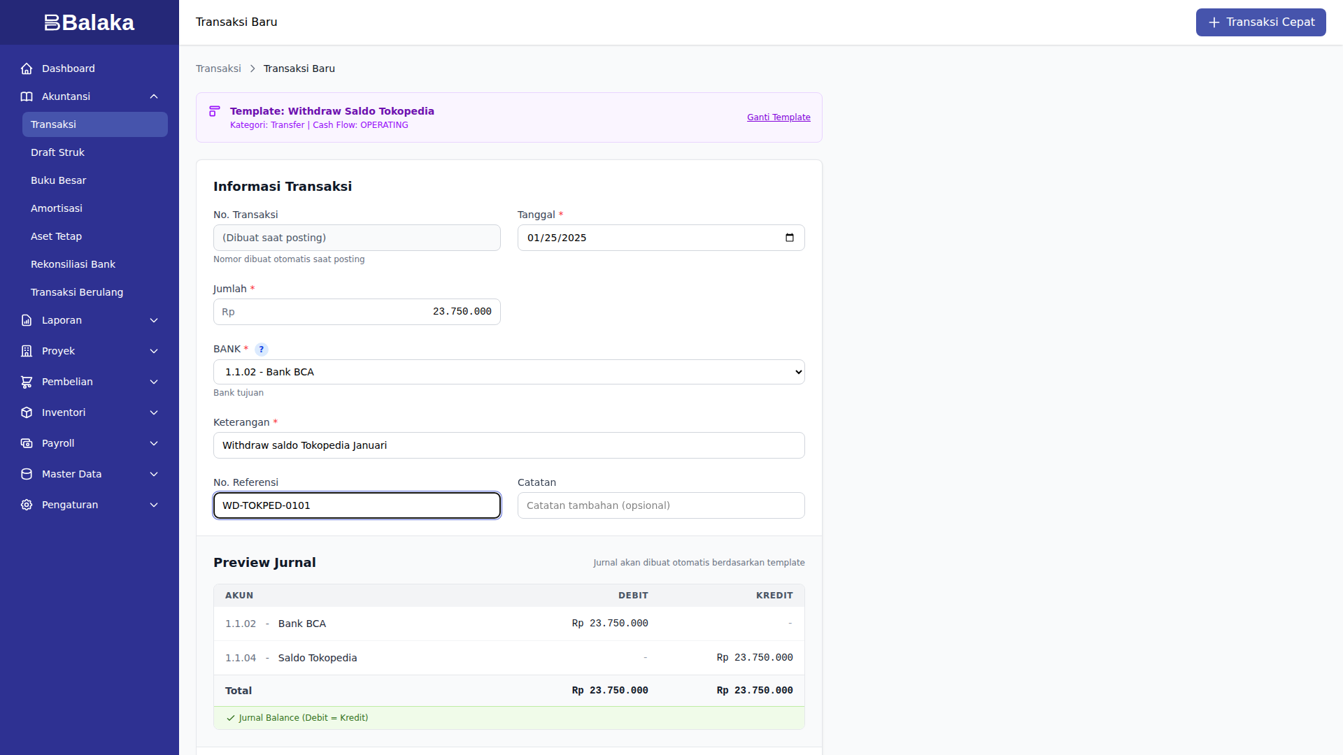 Form withdraw saldo Tokopedia